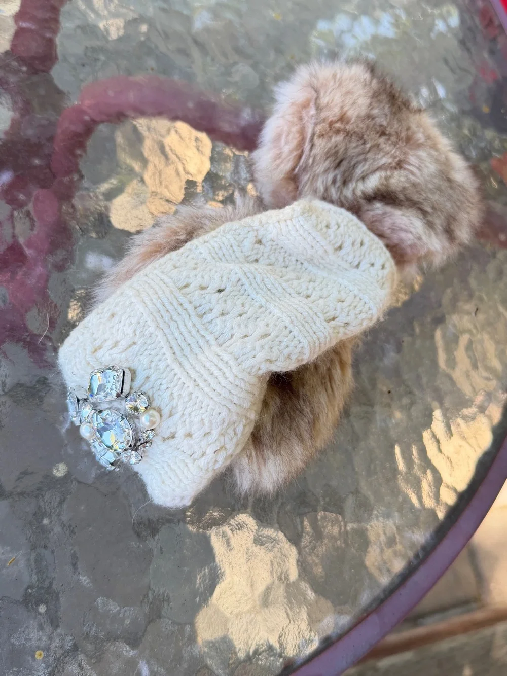 Juicy Couture Cream Faux Fur Ear Warmer Headband with Crystal Accent